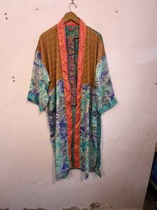 Indian Silk V-neck Patchwork Boho Robe with Drawstring Closure Breathable & Soft Long Beach <b>Cover</b>-<b>Up</b> Summer Cardigan Coat Jacket - Product Image 3