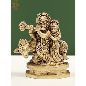 Petit Radha Krishna idole en laiton de 2 pouces fait à la main avec vache fabriquée en Inde Sculpture - Product Image 3