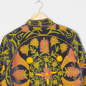 Women Velvet Embroidered <b>Jacket</b> <b>Mandarin</b> <b>Collar</b> Lantern Sleeve Floral Boho Style Autumn Coat Handmade Suzani Pattern - Product Image 3