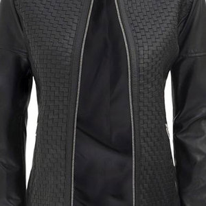2026 Custom Women’s Black Genuine Lambskin Leather <b>Jacket</b> Textured Weave Pattern Slim Fit <b>Biker</b> <b>Jacket</b> - Product Image 5