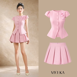 Women's Pink Two Piece <b>Set</b> Peplum <b>Blazer</b> Top Pleated Skirt Button Skinny Fit Sweet Style Spring Summer Short Sleeve O-Neck Solid - Product Image 1