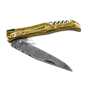 Couteau de poche Laguiole en acier Damas en gros DD-LK-WH507 avec manche en laiton gravé et étui en cuir de vache, couteau d'extérieur EDC - Product Image 4