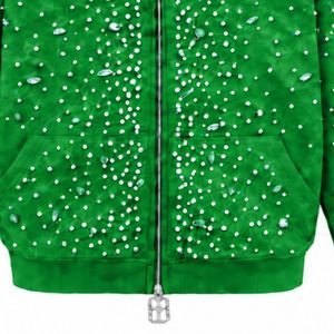 Sudadera con capucha verde brillante con cremallera completa, chaqueta de streetwear con cristales, sudadera informal de manga larga con bolsillo frontal - Product Image 5