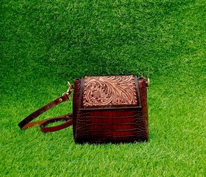 Boho <b>Women's</b> Luxury Hand <b>Bag</b> with Zip Closure Tooled Floral Design Vintage Sling <b>Bag</b> Cowhide Leather Ready to Stock - Product Image 5