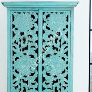 Luxury Handcrafted Solid Wood 2 Door <b>Wardrobe</b> Ornate Floral Carving Antique Turquoise Teal Finish - Product Image 2