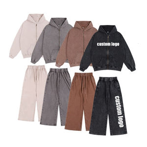 Men <b>Tracksuit</b> Set Cotton Zip up Hoodie and Sweatpants Set Oversized Distressed Vintage Acid Wash Hoodie Set - Product Image 1
