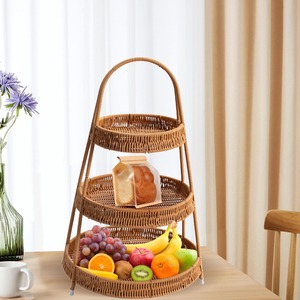 Countertop organiser 3 tier fruit basket shelf handwoven <b>storage</b> <b>unit</b> rack rattan stand racks - Product Image 6