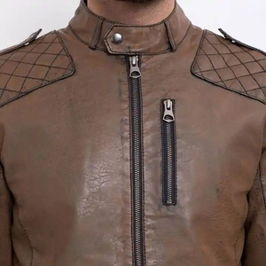 Blouson de moto matelassé en cuir véritable pour homme, coupe-vent, respirant, écologique, col montant, fermeture éclair, décontracté - Product Image 6