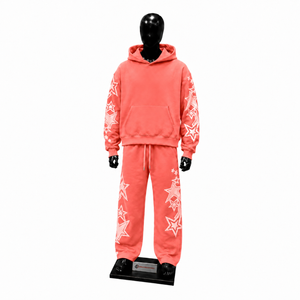<b>Men</b>’s Coral Red Star Graphic Tracksuit Hoodie And Jogger <b>Set</b> Streetwear Pullover Hooded Sweatshirt Matching Sweatpants Two Piece - Product Image 1