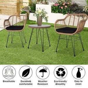 Oshion 3-Piece Flaxen Yellow Wicker Rattan Patio Set with Tempered Glass Table for Garden Conversation - Product Image 6