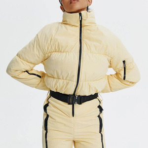 Custom <b>Women</b> Cream Beige One Piece Ski Suit Puffed Chest Quilted Black Belt Waist <b>Snowsuit</b> <b>Women</b> Slim Fit Jumpsuit Waterproof - Product Image 6