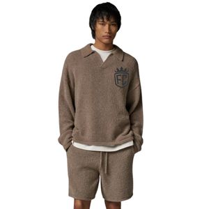 Boucle Knit Long Sleeve Polo Brown Warm and Trendy Boucle Knit Long Sleeve Polo Brown <b>Classic</b> Design with Soft Knit Fabric - Product Image 6