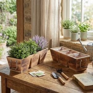 Juego de 3 Macetas de Madera Estilo Rústico, Macetas con Revestimiento de Aluminio Ecológico para Jardín Interior/Exterior - Product Image 4