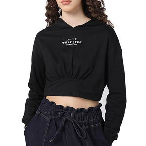 Sweat-shirts à capuche courts personnalisés avec logo pour femmes, vêtements 100 % coton molletonné, pulls oversize pour femmes - Product Image 1