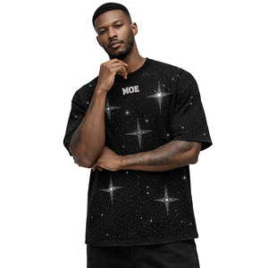เสื้อยืดผู้ชายคุณภาพสูง ตกแต่งด้วยคริสตัลรูปดาว ทรงโอเวอร์ไซส์ ผ้าฝ้าย สไตล์สตรีทแวร์ ดีไซน์วิบวับ รับผลิตจำนวนมาก ขายส่ง - Product Image 1