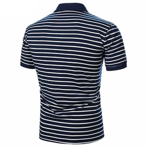 Men's Striped Short Sleeve Polo Shirt Cotton Knitted Breathable Casual Regular Fit Navy White Pattern - Product Image 4