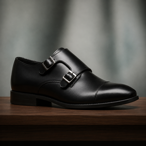 Chaussures habillées d'automne faites à la main en cuir pleine fleur à bout pointu, style mocassin à double boucle, anti-perforation, antidérapantes, semelle en caoutchouc britannique - Product Image 1