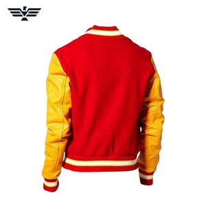 Blouson universitaire homme en cuir PU rouge et jaune avec blocs de couleur, lettres brodées, boutons-pression, col montant respirant, coupe-vent, hiver - Product Image 2