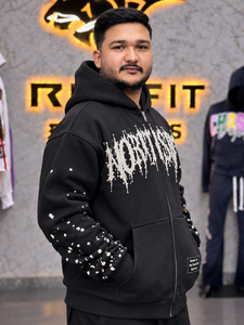 Custom <b>Zip</b> <b>Up</b> Hoodie <b>Men</b> Graphic Print Streetwear Oversized <b>Fleece</b> Sweatshirt Rhinestone Sleeve Custom Label Winter Wear Top - Product Image 5