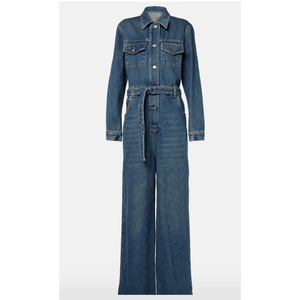 Combinaison en jean à jambes larges et ceinture pour femme, manches longues - Product Image 1