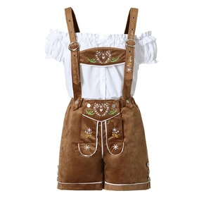 Brown Embroidered Unisex Lederhosen Shorts With White <b>Shirt</b> Casual Bavarian Style High Waist Breathable Woven Fabric - Product Image 1