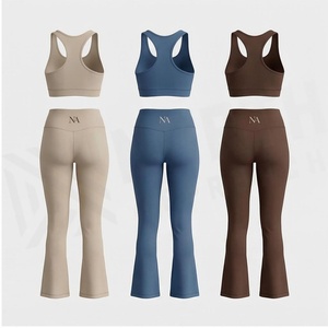 2 Piece Yoga Set High Waist <b>Flared</b> Leg Racerback Sports Bra Full Length <b>Leggings</b> Solid Color Breathable Women's Activewear - Product Image 5