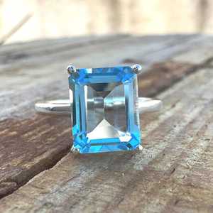 Blue Topaz <b>Ring</b> Sterling Silver Statement Rectangle Gemstone Jewelry Elegant Minimalist Gift For Her Luxury - Product Image 4