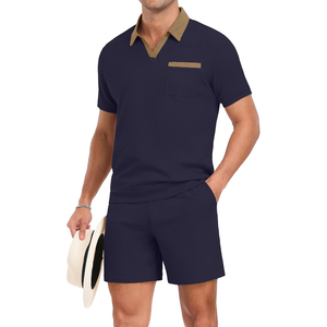 Nouvel ensemble polo et short blanc en coton pour homme 2026 avec poche, tenue décontractée d'été en tissu tricoté respirant - Product Image 2