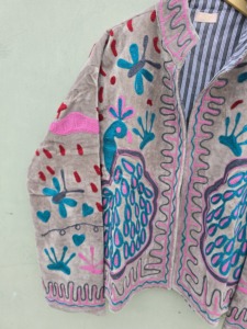 Premium <b>Velvet</b> Suzani <b>Jacket</b> <b>Women</b> Grey Peacock Floral Embroidery Bohemian Woven Autumn Winter Designer Wholesale - Product Image 3