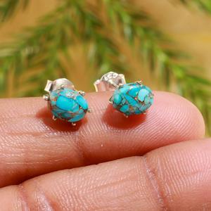 <b>Blue</b> Copper Turquoise Stone Silver Plated 925 Sterling Silver Semi Precious <b>Stud</b> <b>Earrings</b> Cute Fine Jewelry for Women Girls - Product Image 2