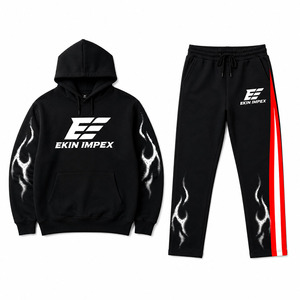 Ensemble survêtement molletonné personnalisé noir imprimé flamme pour homme – Coupe oversize streetwear - Product Image 3
