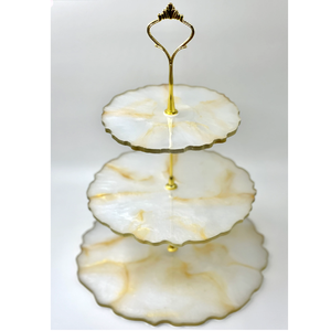 New Arrival Double Tier Resin <b>Cake</b> Stand With White & Slaty Epoxy Gold Crafts With Metal Rod Decorative Party Dessert <b>Server</b> - Product Image 3