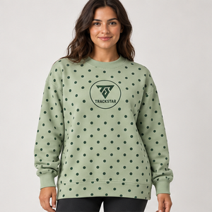 Women's Sage <b>Crewneck</b> Sweatshirt with Forest Green Allover Polka Dots Long Sleeve Custom Logo - Product Image 1