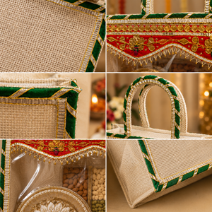 Handcrafted Jute <b>Wedding</b> <b>Gift</b> Bag with Clear PVC Window & Embroidery | Decorative Indian Festival <b>Hampers</b> Packing Tote Bag - Product Image 6