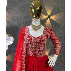 Salwar Kameez pour femmes, vêtements de fête, broderie en géorgette, travail de séquence, avec dupatta, rouge, Pishwas/Anarkali, viscose, lin, soie, rayonne - Product Image 4