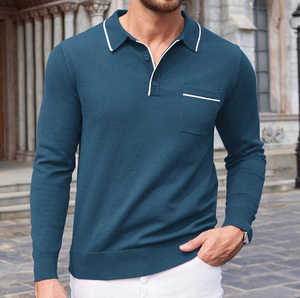 Men's Long Sleeve <b>Polo</b> <b>Shirt</b> Cotton Knitted Solid Color Casual Style <b>With</b> <b>Pocket</b> White Trim Collar 2027 - Product Image 3