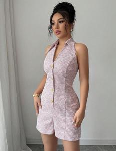 Primrose Tweed Halter Romper, Mono Corto de Tweed Texturizado Color Rosa Alternativo o Mono Ajustado Estilo Vintage - Product Image 4
