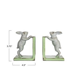 Sculpture de lapin antique en argent, serre-livres Art Déco en aluminium, finition argentée brillante, ensemble de 2 pièces pour décoration de table - Product Image 1