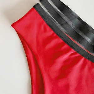 Conjunto de Bikini Rojo para Mujer, Top Bandeau, Braguita de Cintura Alta, Ribete en Contraste, Traje de Baño de Spandex y Poliéster - Product Image 6