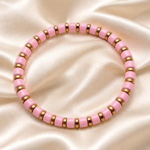 Wholesale Trendy Fashion Pink Zinc Beaded Metal Ball <b>Stretch</b> <b>Bracelet</b> with Gold Tone Spacers for Women Party Occasion - Product Image 4