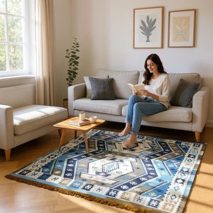 Tapis de salon marocain géométrique Kilim fait main, rectangulaire, en laine et acrylique, à poils moyens, avec envers antidérapant en latex, écologique - Product Image 2