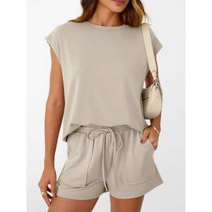 2025 conjunto corto de dos piezas con cuello redondo de verano para mujer, chándal con cordón y manga gorra con bolsillo, Top de tela tejida con estampado diario - Product Image 4