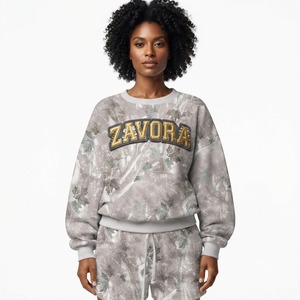 Sweat-shirts tendance personnalisés pour femmes à imprimé marbré avec appliqué brodé, ensemble de vêtements de détente en molleton de coton premium, sweats à capuche tie-dye - Product Image 2