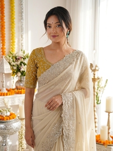 Sari de Seda Crema Elegante de AARA Fashion con Bordado Dorado, Blusa Amarilla, para Bodas y Ocasiones Especiales, Tradicional, Largo hasta el Suelo, de Gujarat - Product Image 2