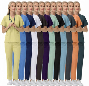 Ensemble de blouses médicales pour femmes, bleu clair, col en V, pantalon droit, extensible, confortable, avec poches, uniforme, logo personnalisé, vente en gros, faible MOQ, haut de gamme - Product Image 1