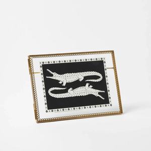 Modern <b>Gold</b> Metal Rectangular Photo <b>Frame</b> Vertical Tabletop Display Tarnish Resistant Brass <b>Frame</b> with Geometric Design - Product Image 2