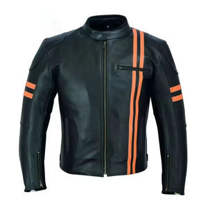 Blouson de moto unisexe en cuir noir avec bandes orange, manches longues, imperméable, coupe-vent, personnalisable, toutes saisons, pour la course - Product Image 1