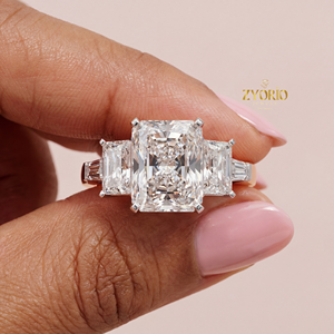 Luxury Radiant Cut Lab Grown Diamond Three Stone Engagement Wedding <b>Ring</b> with Baguette Side Diamonds in 925 <b>Silver</b> - Product Image 1