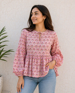 Blusa Peplum de Algodón Estampada a Mano para Mujer al por Mayor, Top Floral Rosa de Manga Larga, Túnica Boho, Top Casual de Moda para Boutique, OEM - Product Image 2