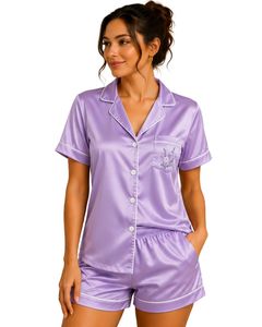 Conjunto de Pijama de Satén Morado Lavanda Personalizado por el Fabricante, Ropa de Dormir de Seda para Mujer, con Bolsillo Bordado, Manga Corta, Suave, para Descansar - Product Image 1
